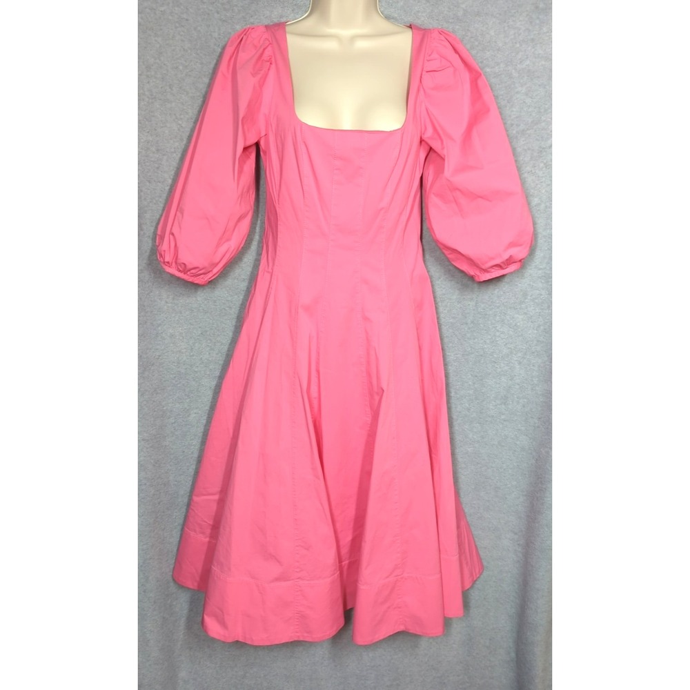 NEW STAUD Swells Wild Orchid Pink  Midi Dress 6 Corset Style Puff Sleeve Drama